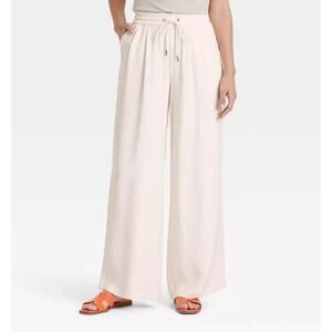 A New Day High Rise Drawstring Pull On Wide Leg Pants Cream Women's Size L NEW